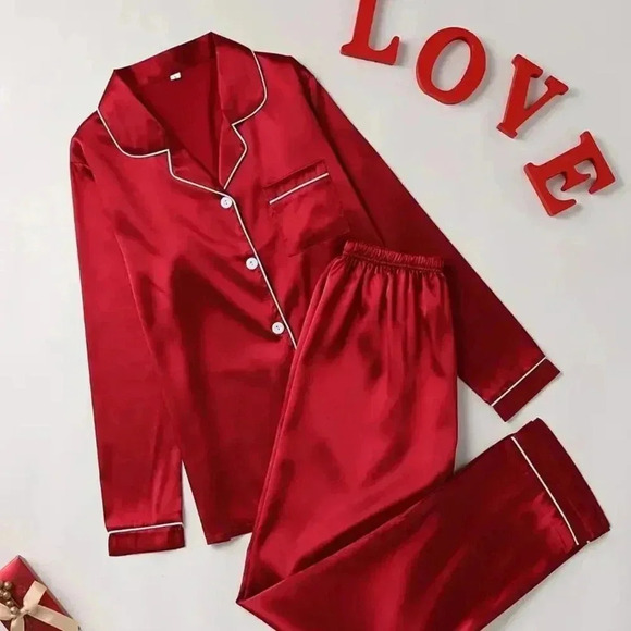 Long Sleeve Button Up Lapel Top & Pants Pj Set